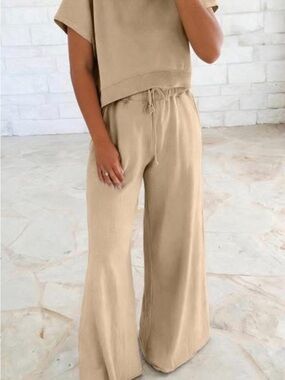 Wide Leg Drawstring Matching Set in Beige